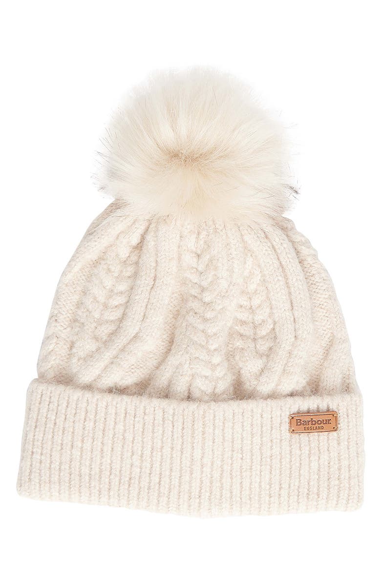 Barbour Elsdon Faux Fur Pompom Cable Stitch Beanie, Main, color, Eggshell