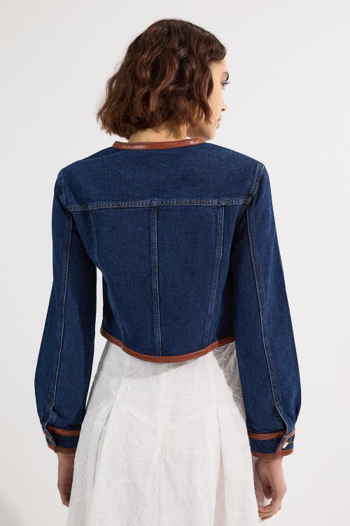 Karen Millen Denim & Leather Collarless Jacket In Blue