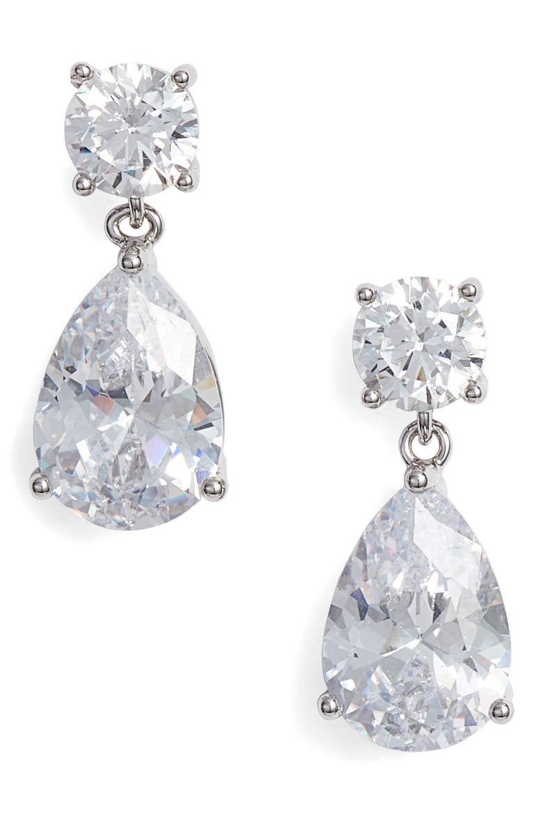 Cubic Zirconia Teardrop Earrings, Main, color, CLEAR- SILVER