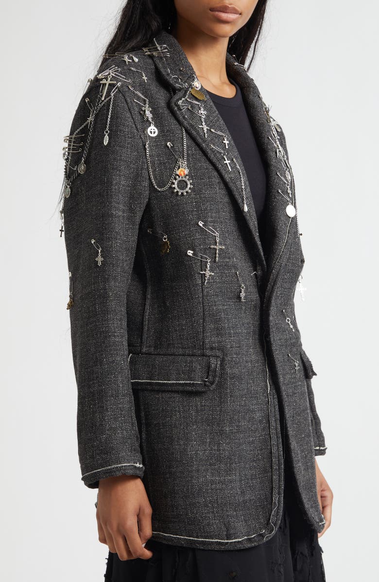 R13 Embellished Frayed Edge Ragged Virgin Wool & Linen Blazer, Alternate, color, Dark Grey