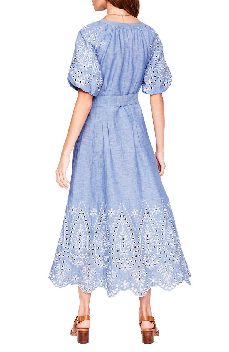 Boden Florence Embroidered Eyelet Linen & Cotton Puff Sleeve Dress, Alternate, color, Grey Blue Chambray