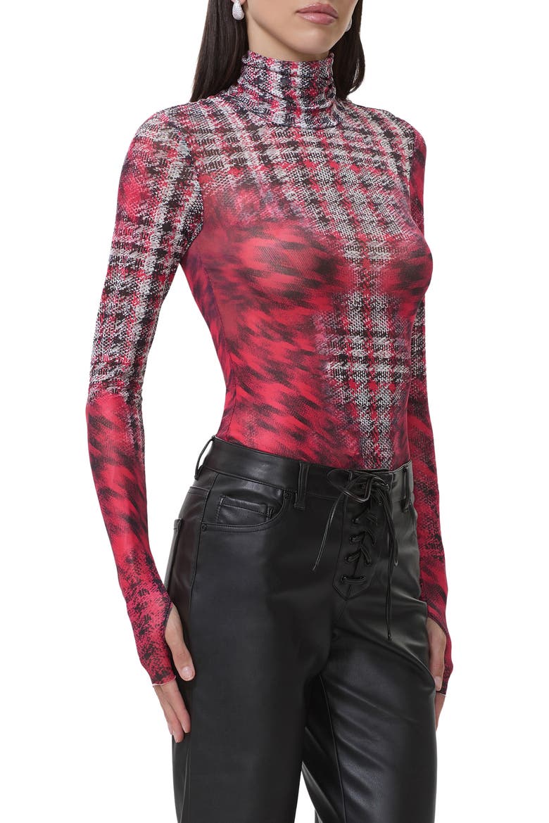 Zadie Mock Neck Printed Mesh Top, Alternate, color, RUBY HOUNDSTOOTH