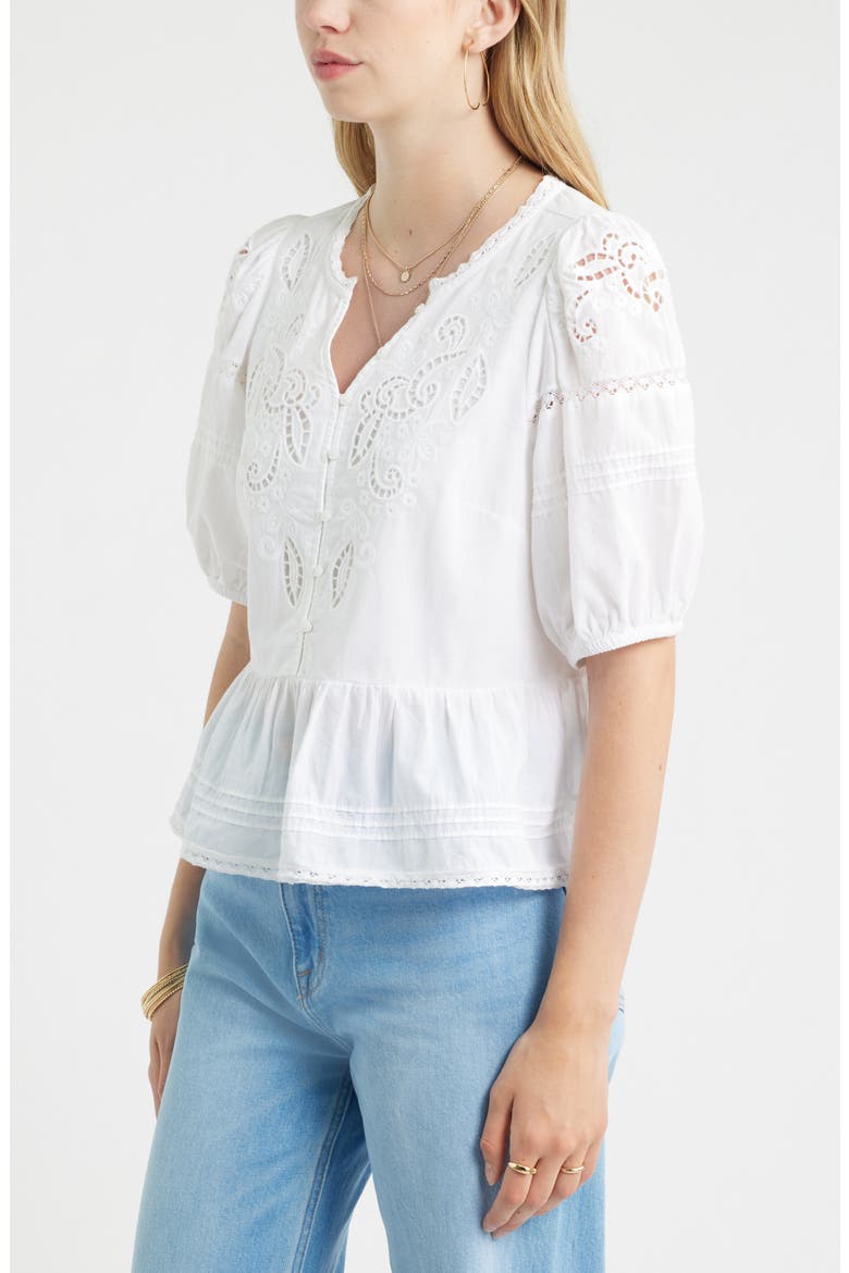 Cutwork Puff Sleeve Cotton Top, Alternate, color, WHITE