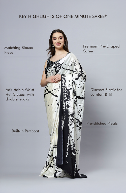 One Minute Saree® Camille Cream Satin Crepe Pre-draped Saree With Black Print
