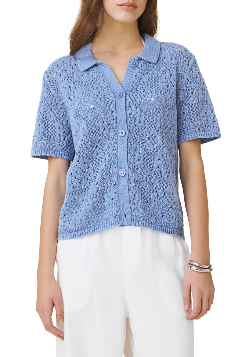 Beckham Crochet Button-Up Cotton Blend Polo, Main, color, AZURE BLUE
