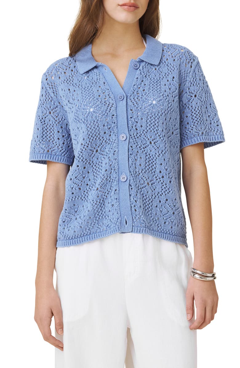 Splendid Beckham Crochet Button-Up Cotton Blend Polo, Main, color, Azure Blue