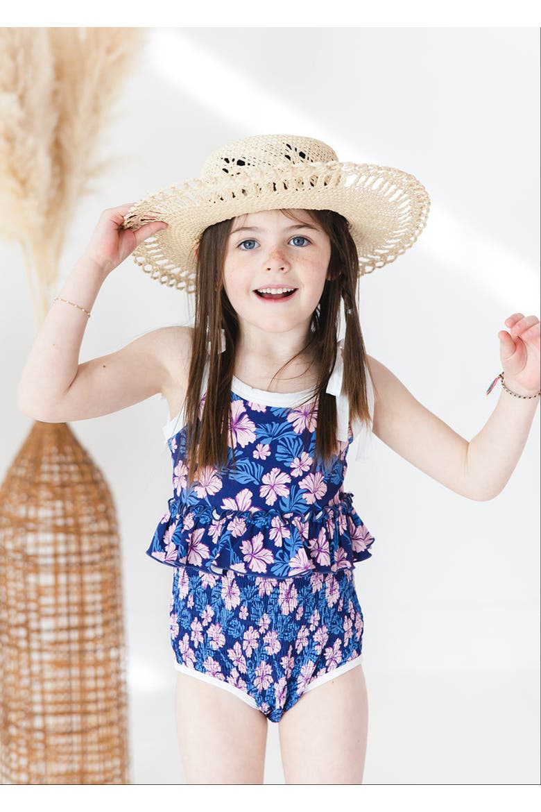 Twilight Blossoms Smocked One Peice Swimsuit, Alternate, color, Blue and Pink