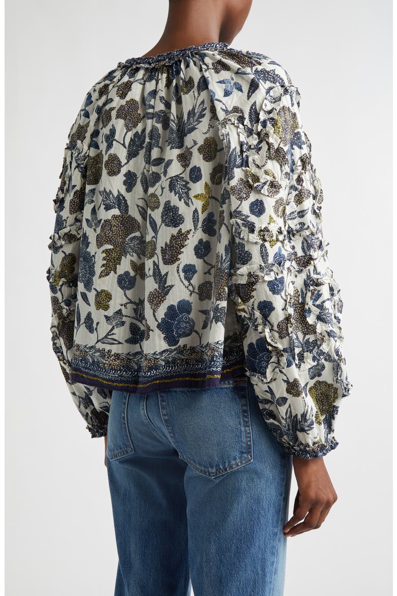 Azrou Floral Ruffle Split Neck Peasant Top, Alternate, color, PORCELAIN