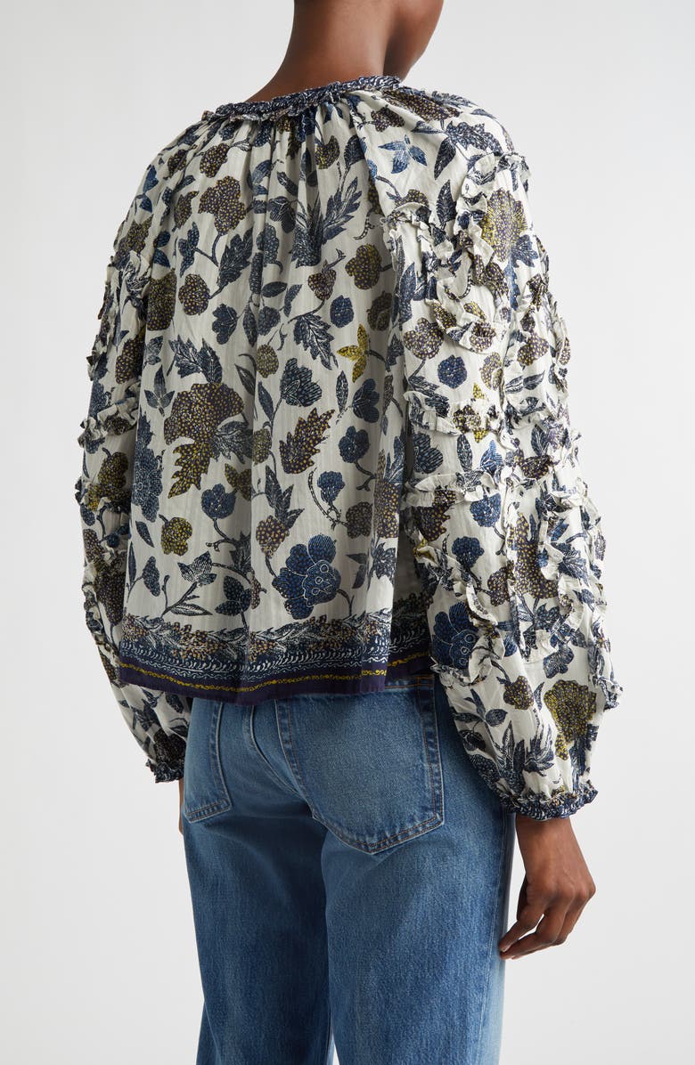 Ulla Johnson Azrou Floral Ruffle Split Neck Peasant Top, Alternate, color, Porcelain