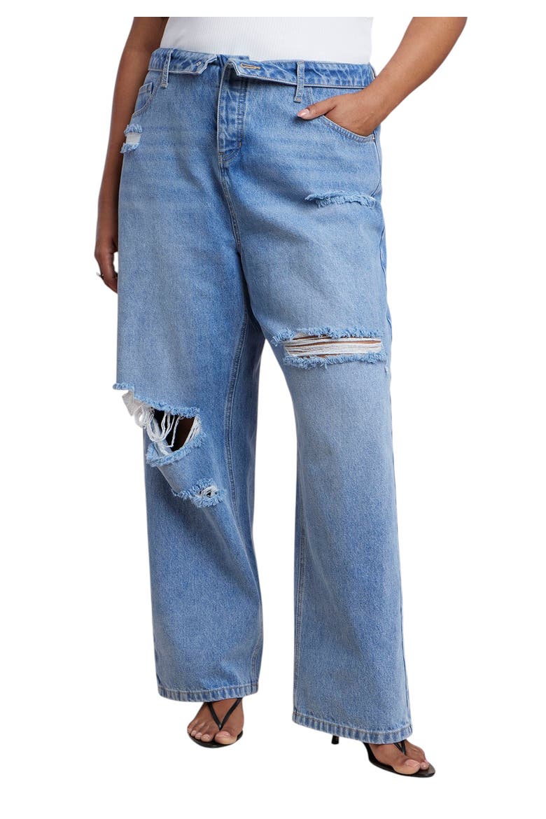 Foldover Waistband Distressed Straight Leg Jean, Main, color, LIGHT WASH