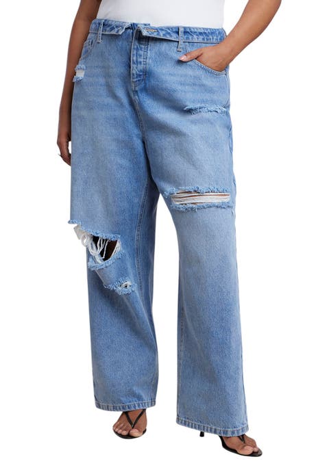 Foldover Waistband Distressed Straight Leg Jean