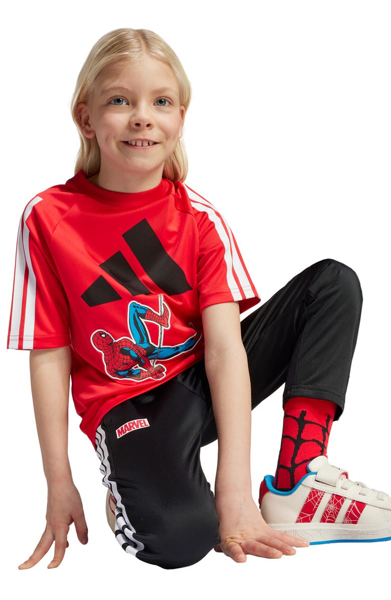 adidas Originals Kids' x Marvel Spider-Man Recycled Polyester T-Shirt, Alternate, color, Purrub/Whi