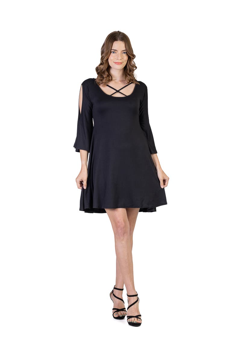 24seven Comfort Apparel Knee Length Cold Shoulder Dress, Main, color, Black