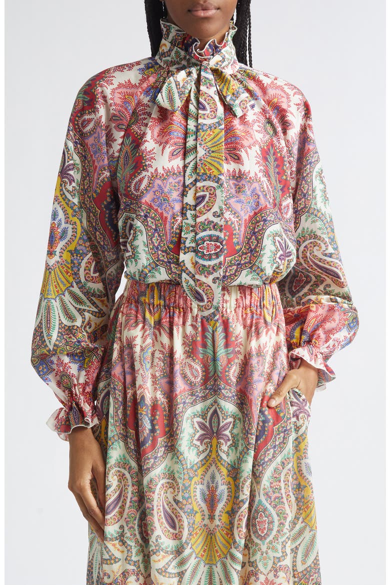 Paisley Print Cotton & Silk Scarf Neck Top, Main, color, PRINT ON WHITE BASE