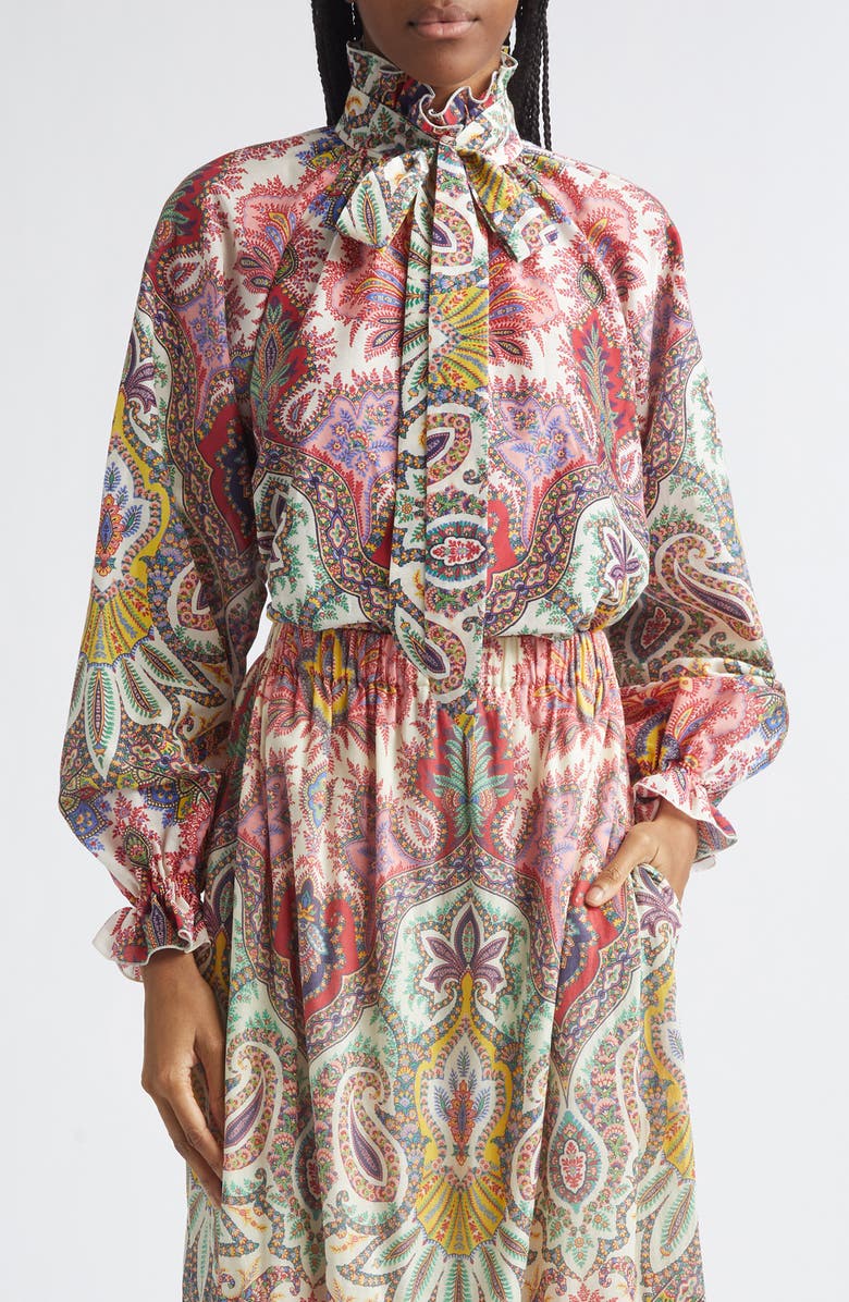 Etro Paisley Print Cotton & Silk Scarf Neck Top, Main, color, Print On White Base