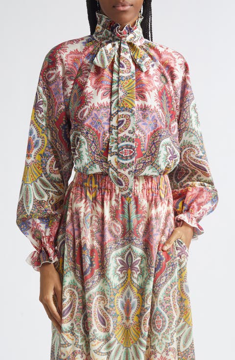 Paisley Print Cotton & Silk Scarf Neck Top