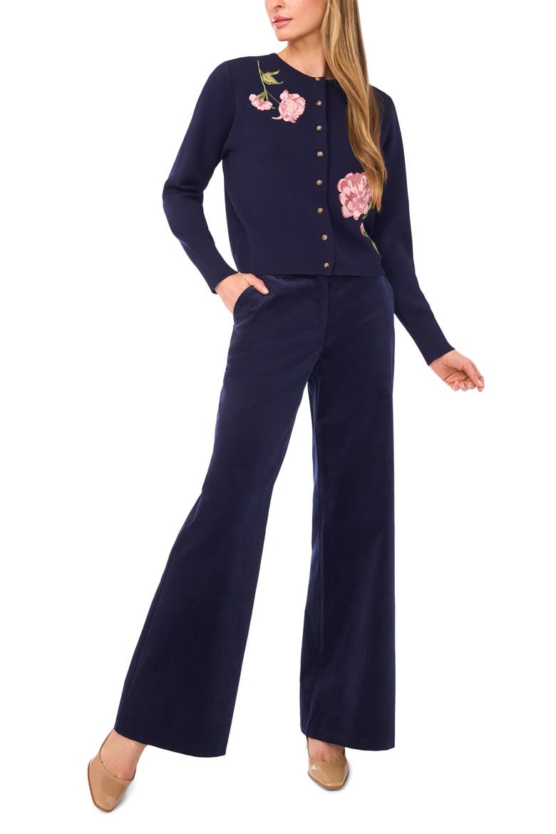 Placed Floral Embroidery Crewneck Cardigan, Alternate, color, BARITONE BLUE