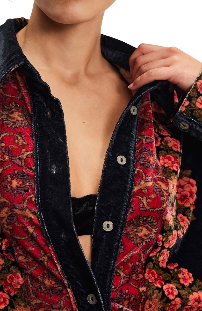 Free People One Night Placed Print Velvet Button-Up Shirt, Alternate, color, Night Owl Combo