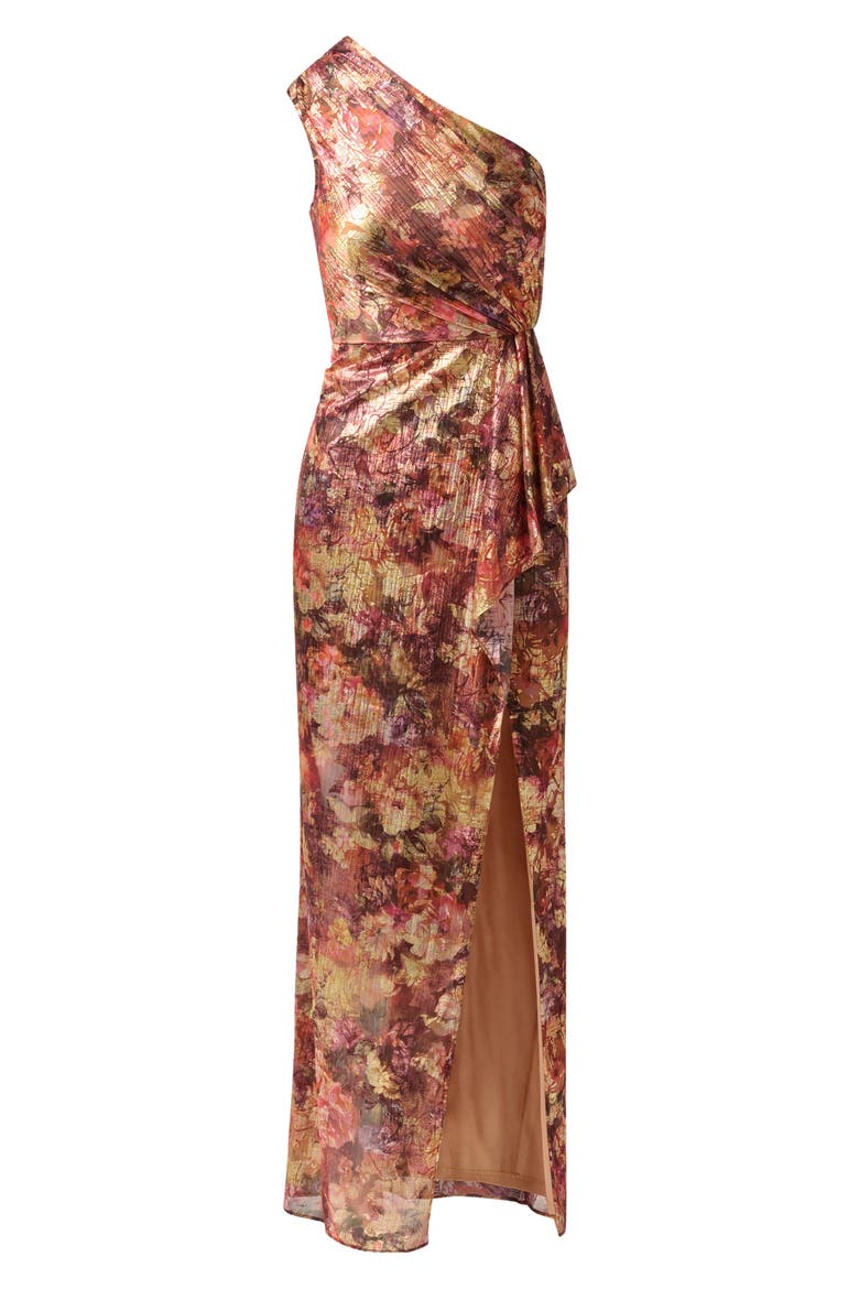 Metallic Floral One-Shoulder Chiffon Gown, Alternate, color, GOLD MULTI
