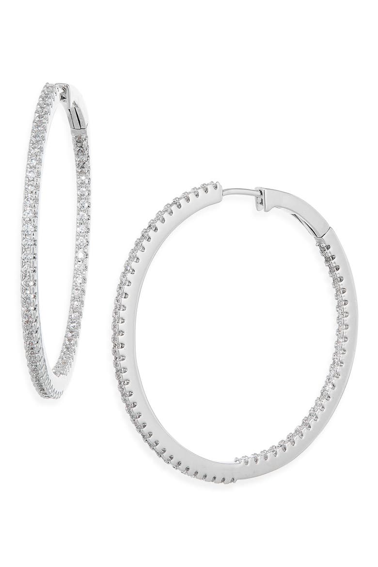 Pavé Hoop Earrings, Main, color, RHODIUM