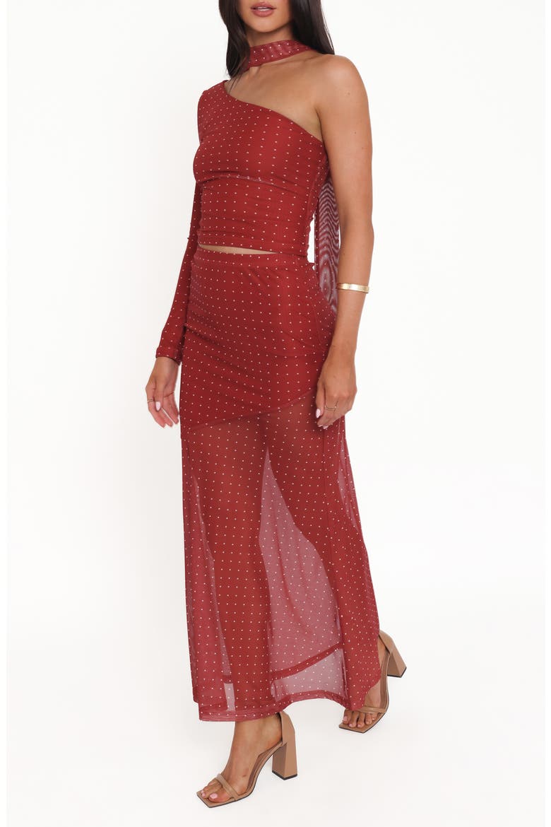 Hollie Polka Dot Scarf, One-Shoulder Mesh Top & Maxi Skirt Set, Alternate, color, RED POLKA DOT