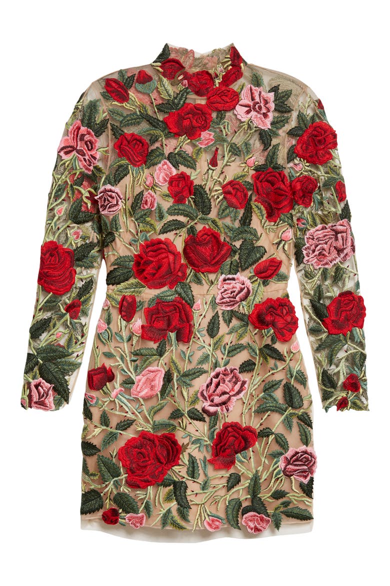 Floral Embroidered Long Sleeve Cocktail Minidress, Alternate, color, MULTI