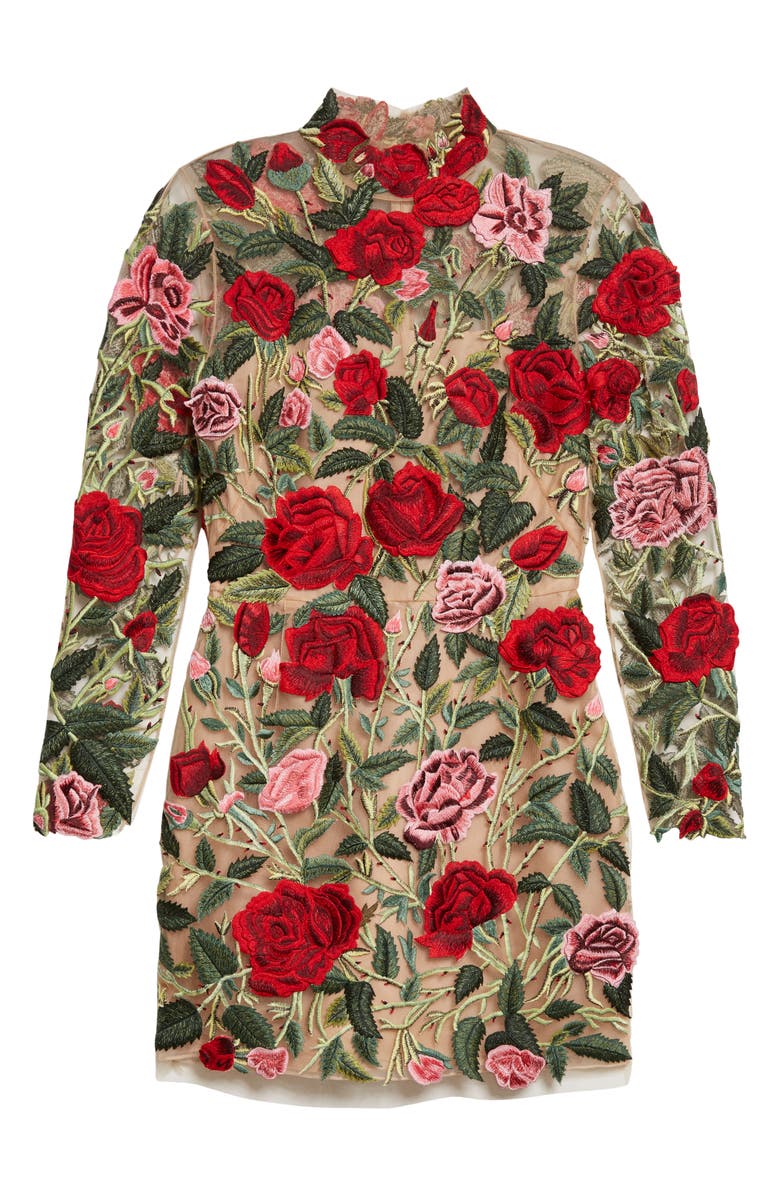 Oscar de la Renta Floral Embroidered Long Sleeve Cocktail Minidress, Alternate, color, 