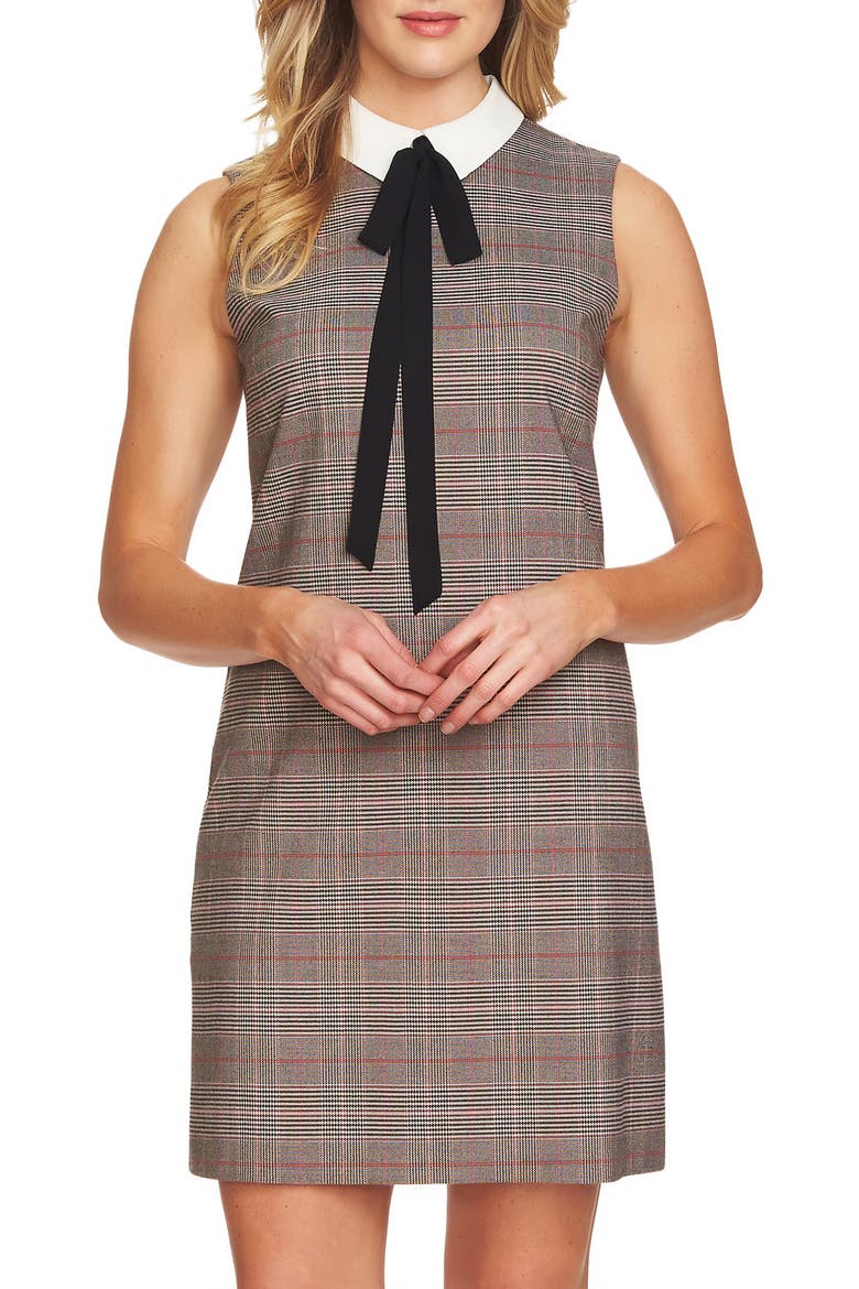 Glen Plaid Sleeveless Shift Dress, Alternate, color, SESAME