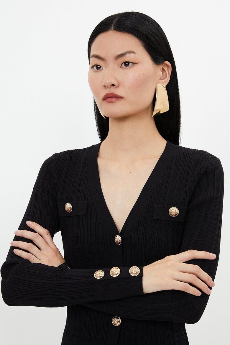 Viscose Blend Rib Military Trim Cardigan, Alternate, color, Black