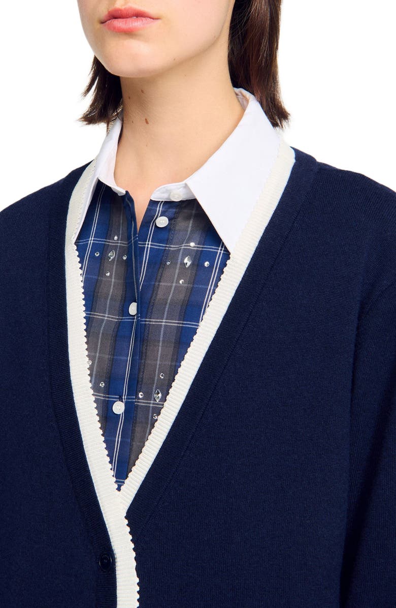 SANDRO Long two-tone cardigan, Alternate, color, Navy Blue