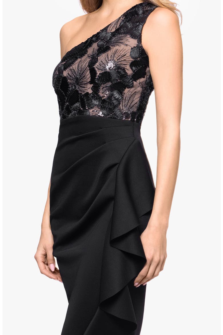 Metallic Floral Mixed Media One-Shoulder Cocktail Midi Dress, Alternate, color, BLACK/ NUDE