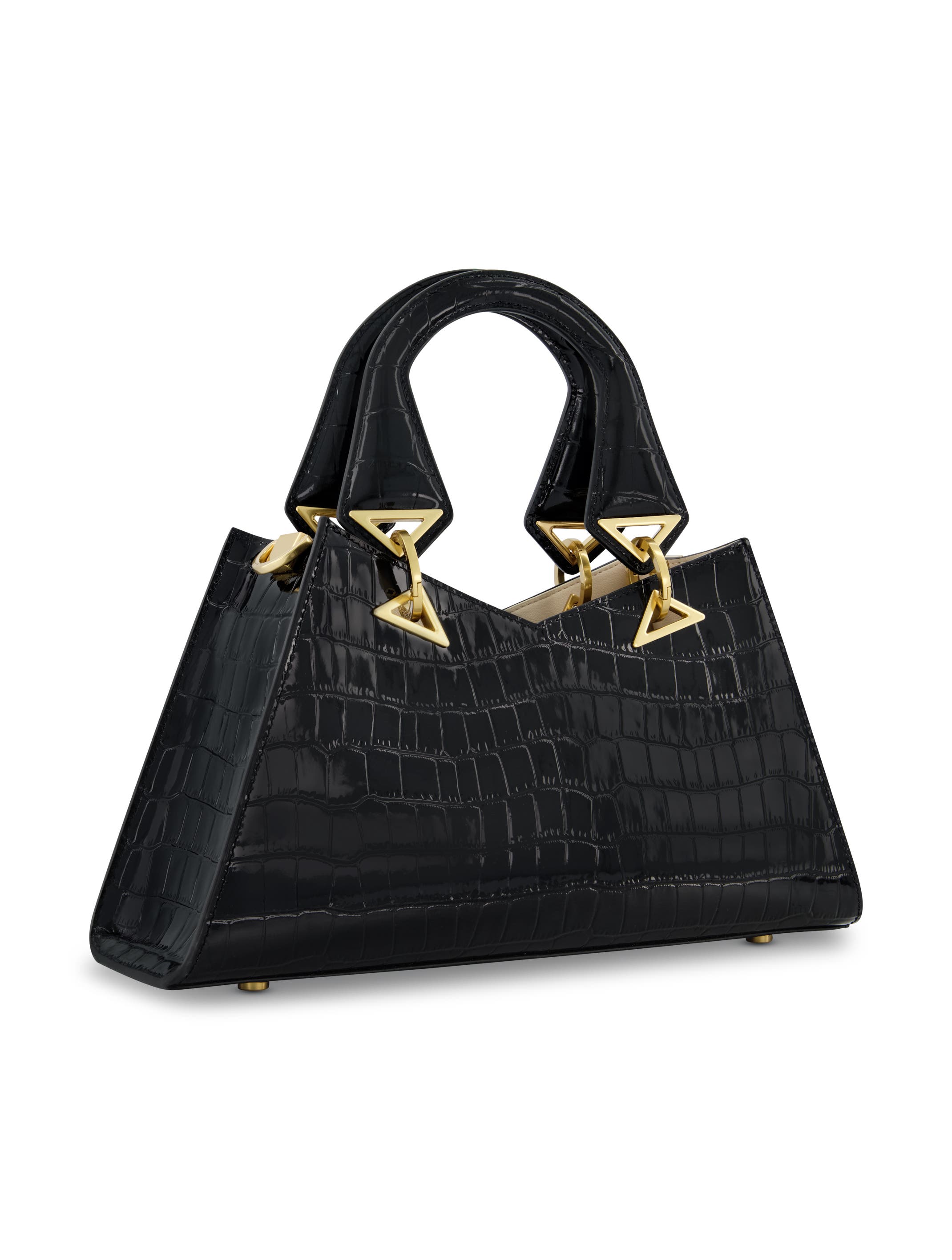 Gold Plated Hardware Crocodile Embossed Leather Handbag, Main, color, Black