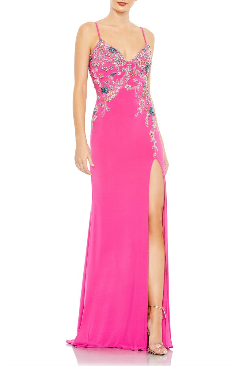 Mac Duggal Multi Color Beaded Floral Cami Gown, Main, color, Candy Pink