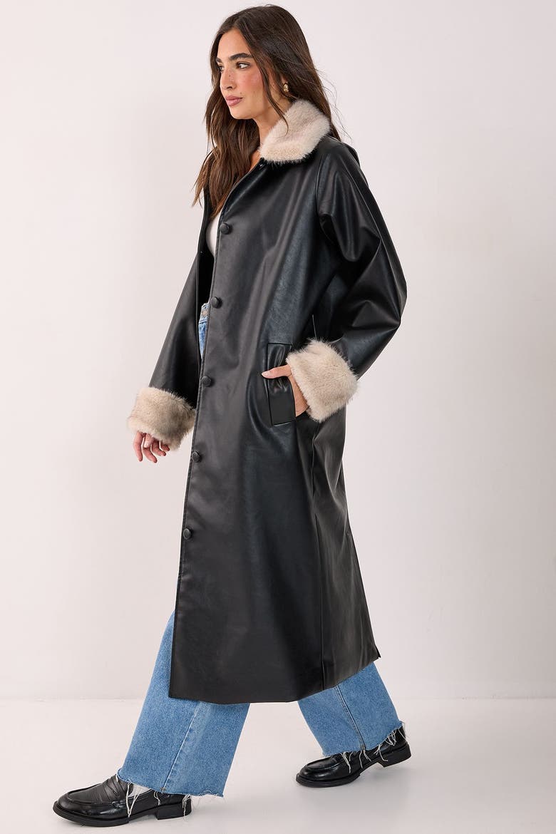 Faux Leather Longline Fur Trim Coat, Alternate, color, Black