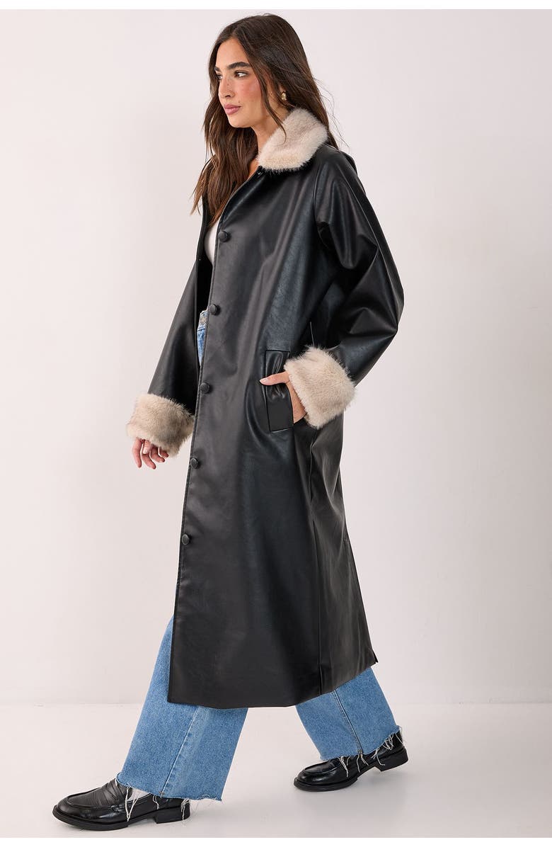 NASTY GAL Faux Leather Longline Fur Trim Coat, Alternate, color, Black