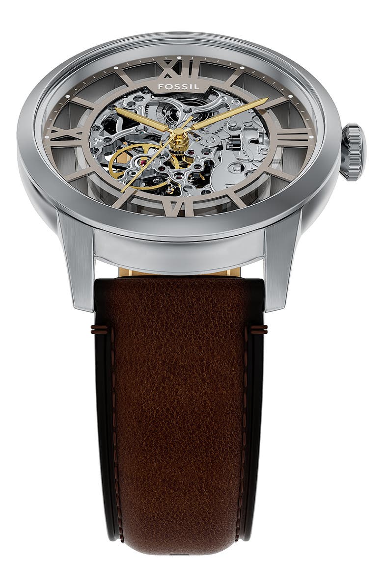 Fossil Townsman Leather Strap Watch, 44mm, Alternate, color, Brown/ Silver/ Gold