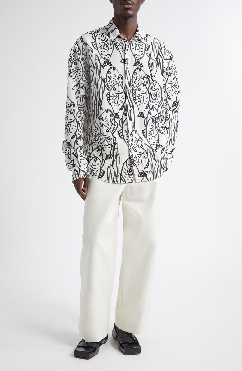 Jacquemus La Chemise Simon Fish Print Button-Up Shirt, Alternate, color, Fish Black And White