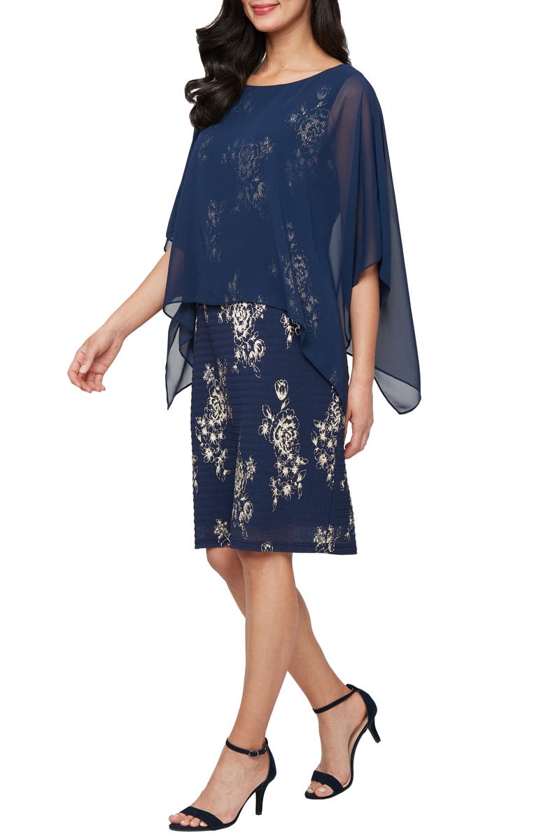 SL FASHIONS Foil Print Chiffon Overlay Cocktail Dress, Main, color, Navy Gold