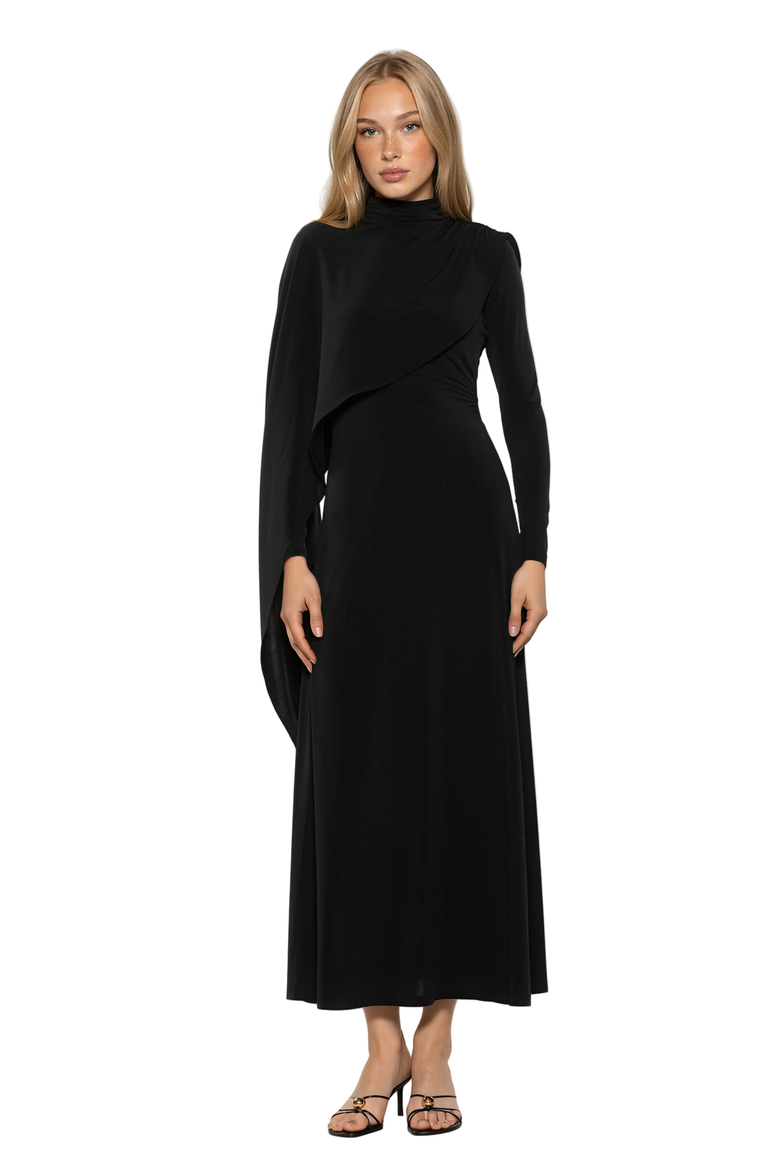 Aziel Mockneck Cape Maxi Dress, Alternate, color, Black