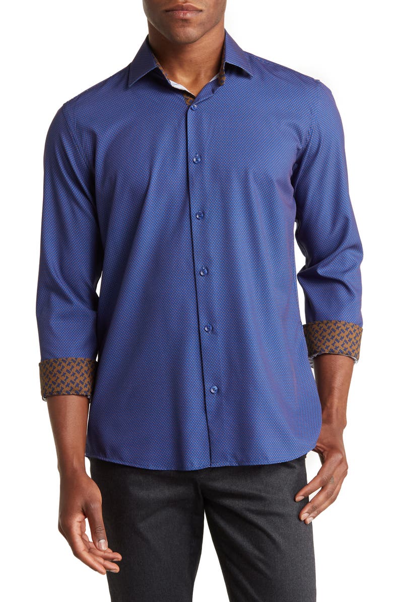 Azaro Uomo Slim Fit Geometric Print Performance Dress Shirt, Main, color, Navy