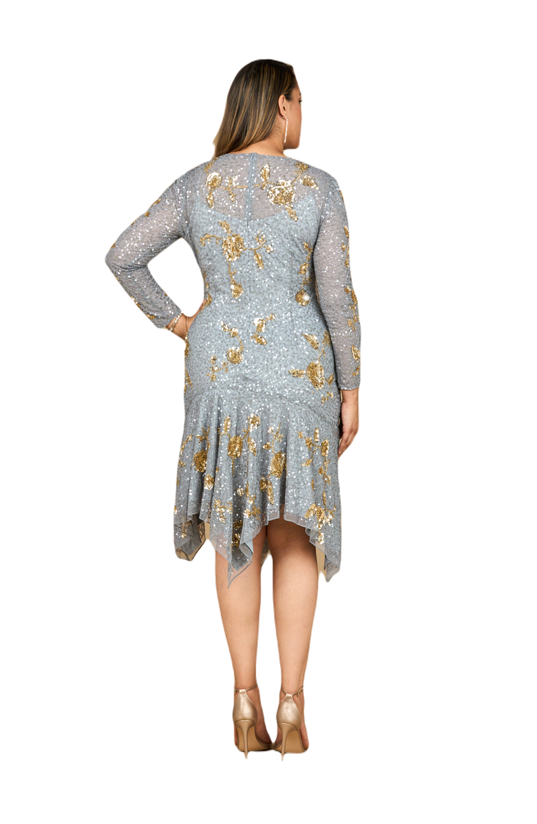 LARA New York Beaded Midi Dress with Asymmetrical Hem, Alternate, color, Grey/Gold