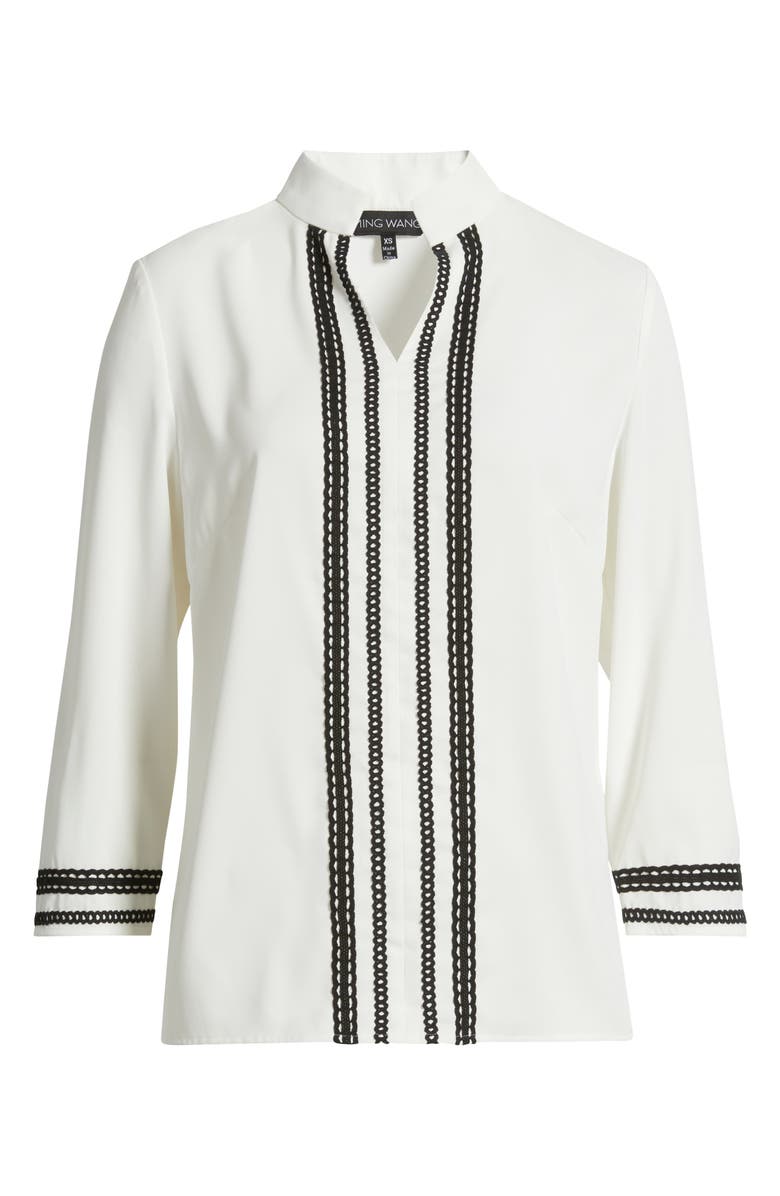 Ming Wang Trim Accent Crepe Popover Shirt, Alternate, color, White/ Black