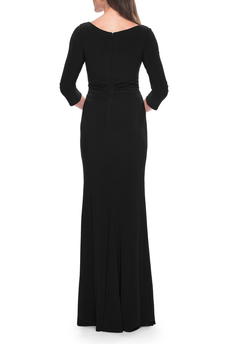 Three Quarter Sleeve Jersey Evening Dress with Ruffle Detail, Alternate, color, Black