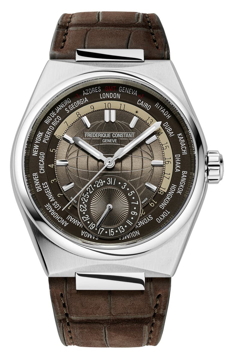 FREDERIQUE CONSTANT Highlife Worldtimer Manufacture Leather Strap Watch, 41mm, Main, color, Brown