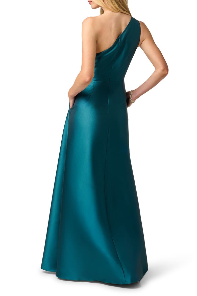 Pleated One-Shoulder Mikado Gown, Alternate, color, HUNTER