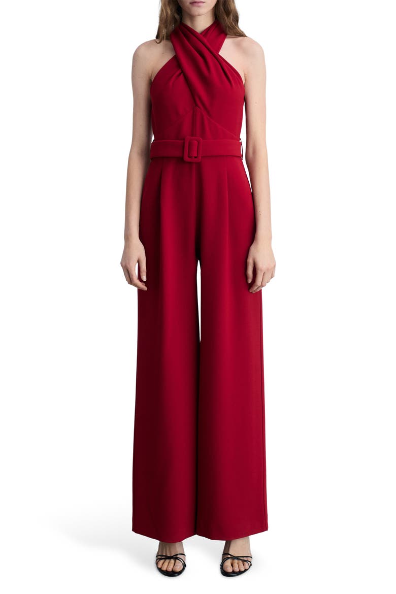 Cross Neck Belted Jumpsuit, Main, color, WINE
