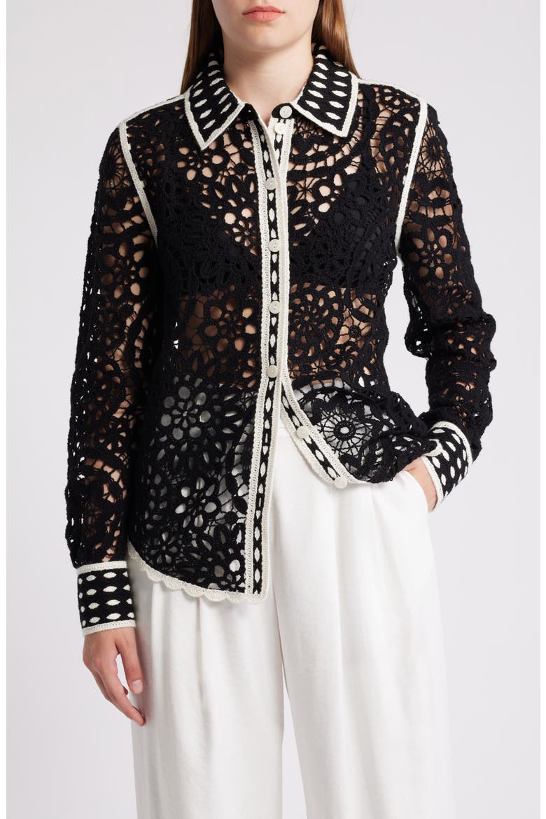 Wool & Cotton Lace Button-Up Shirt, Main, color, BLACK DARK