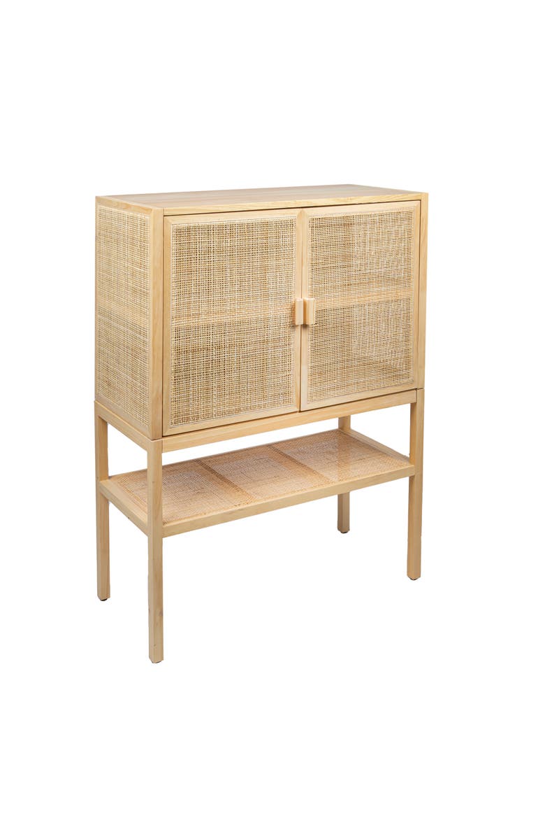 Storied Home Woven Rattan and Wood Cabinet with 2 Doors, 1 Shelf, and 4 Interior Storage Compartments, Natural, Main, color, Natural
