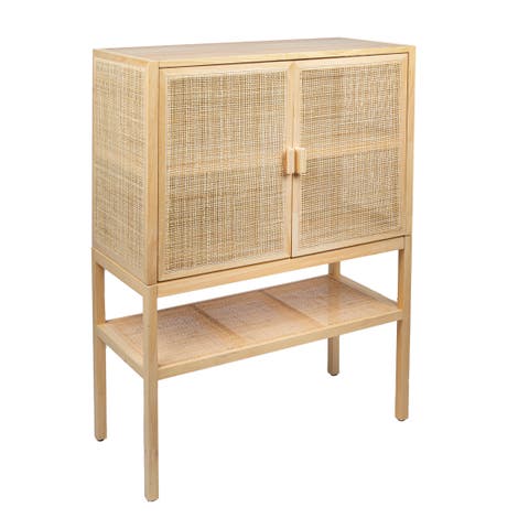 Woven Rattan and Wood Cabinet with 2 Doors, 1 Shelf, and 4 Interior Storage Compartments, Natural