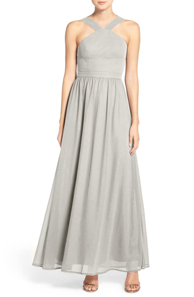 Lulus Cross Neck A-Line Chiffon Gown, Main, color, 